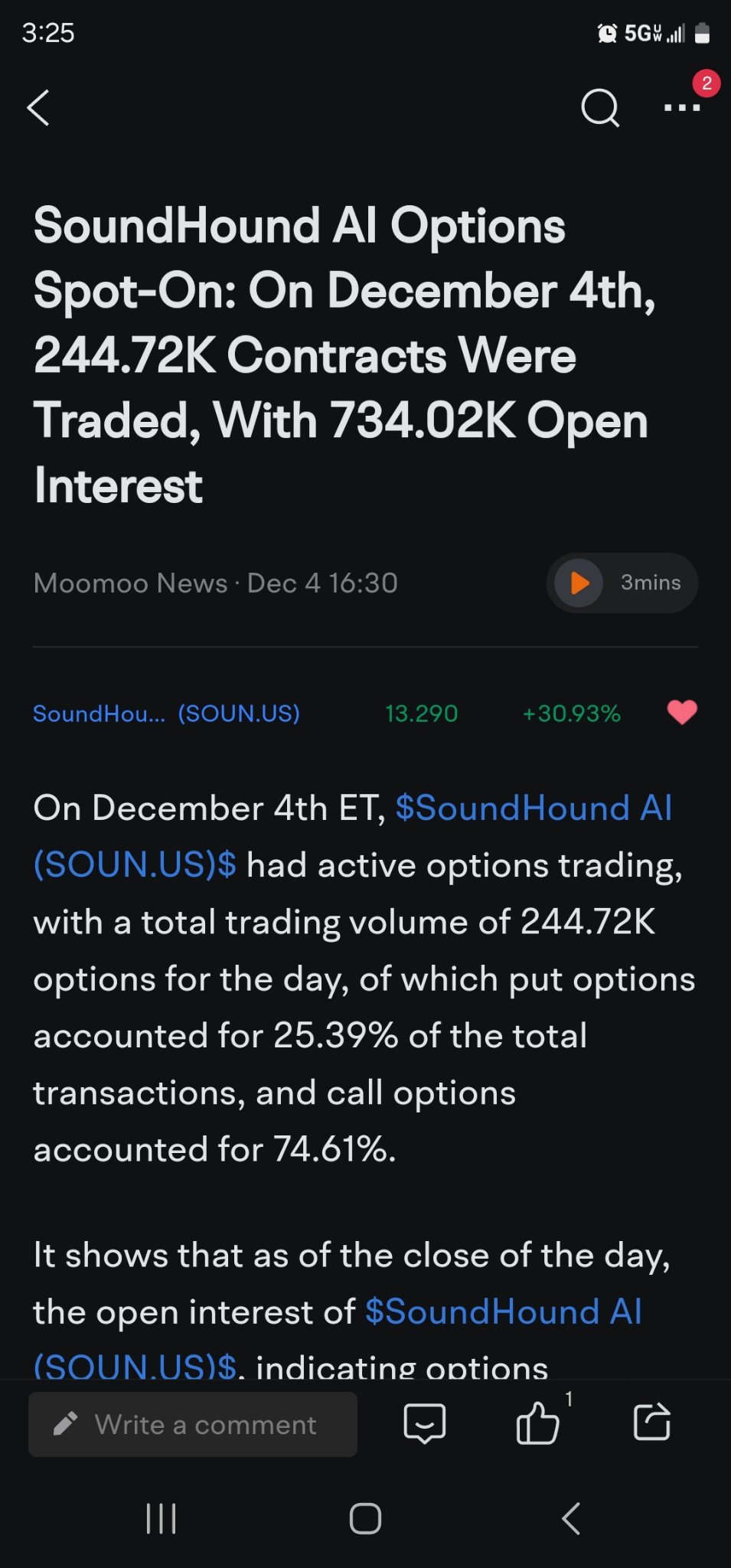 $SoundHound AI (SOUN.US)$ 預計早盤將有拋售行情，因爲還有這麼多期權未平倉。價格可能下跌到10美元，然後在交易日結束時反彈。