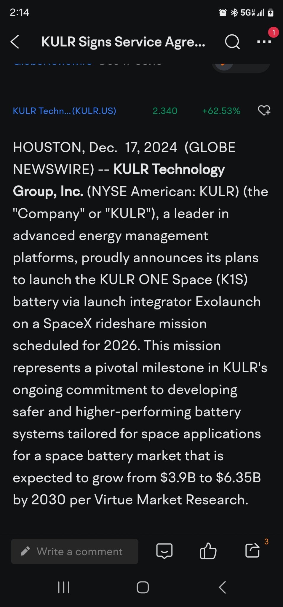 $KULR Technology (KULR.US)$ my 3 options went nuts today. expire Jan 17 but might cash out early. that may help push it to $3 if they get the tech on Space X