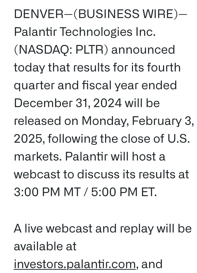 Palantir (PLTR) Q4 Earnings Call Monday FEB 03 5pm EST