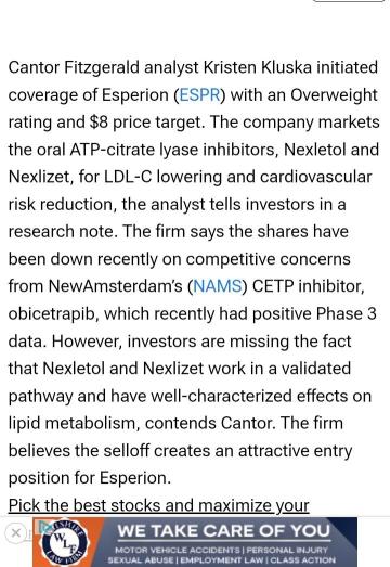 ESPR New Overweight Rating $8 Price Target By Cantor