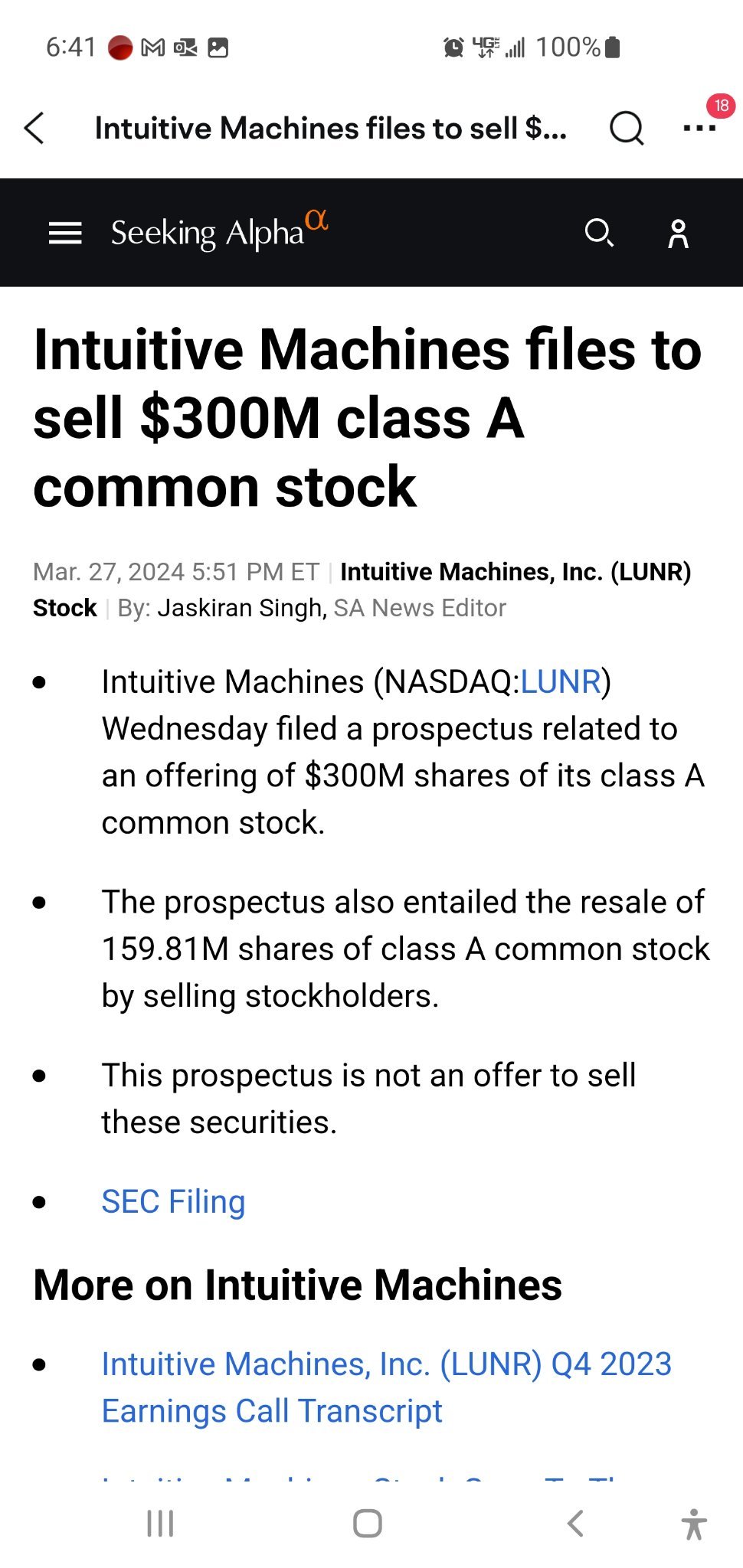 $Intuitive Machines (LUNR.US)$   Title says "Files to sell" body literally says "is not an offer to sell"....not trying to influence anyone, are we?