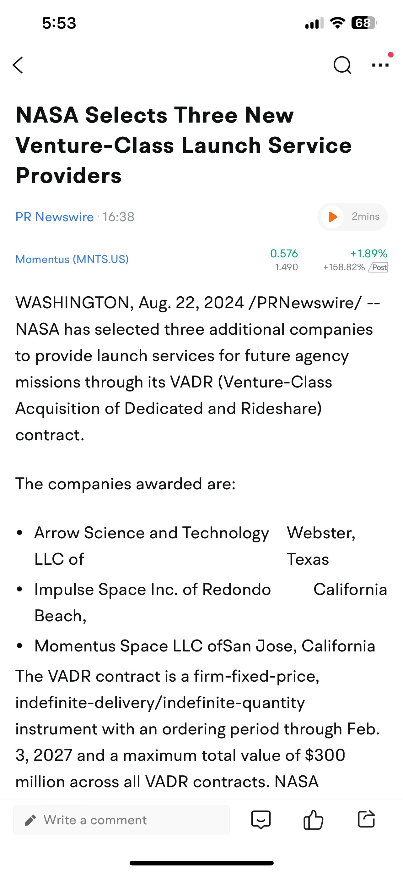 $Momentus (MNTS.US)$ news