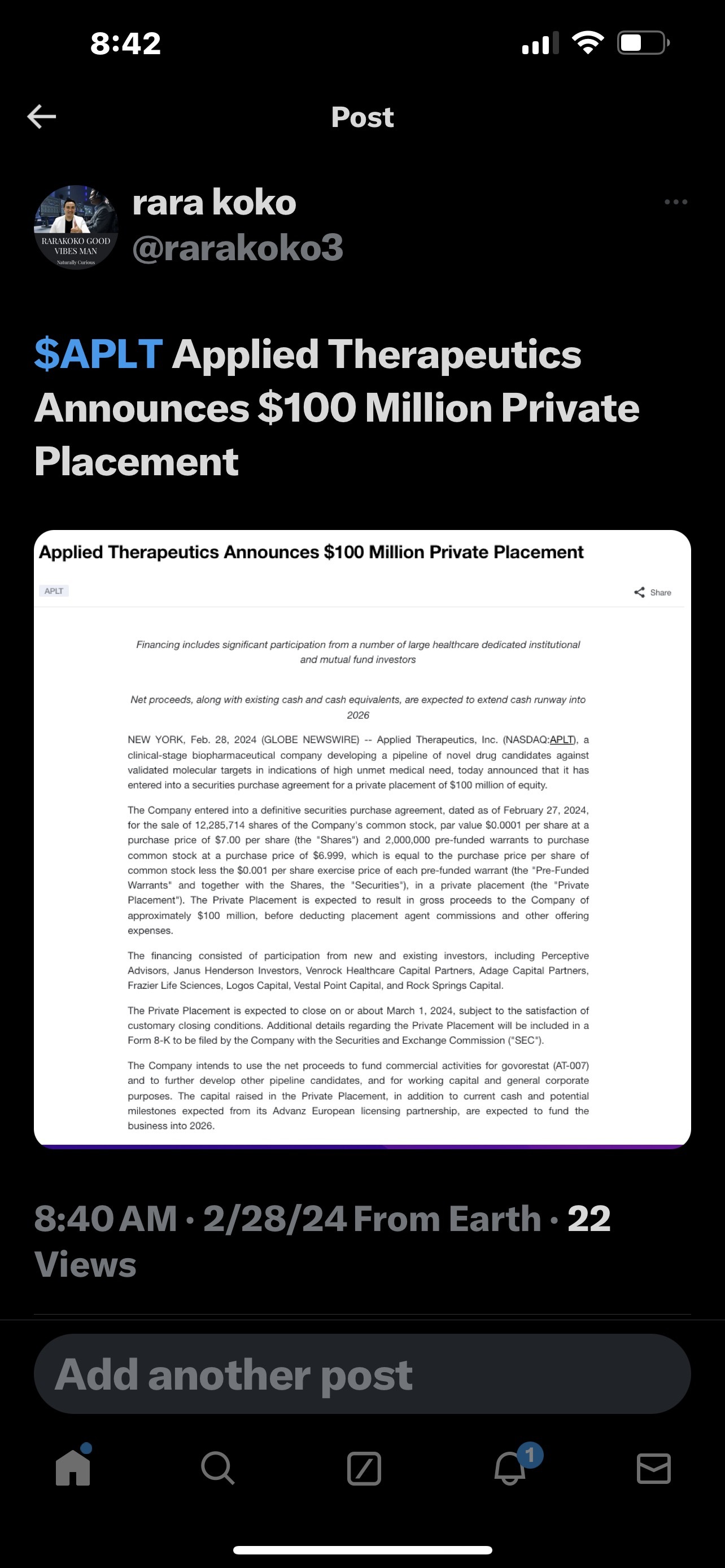 $APLT Applied Therapeutics Announces $100 Million Private Placement