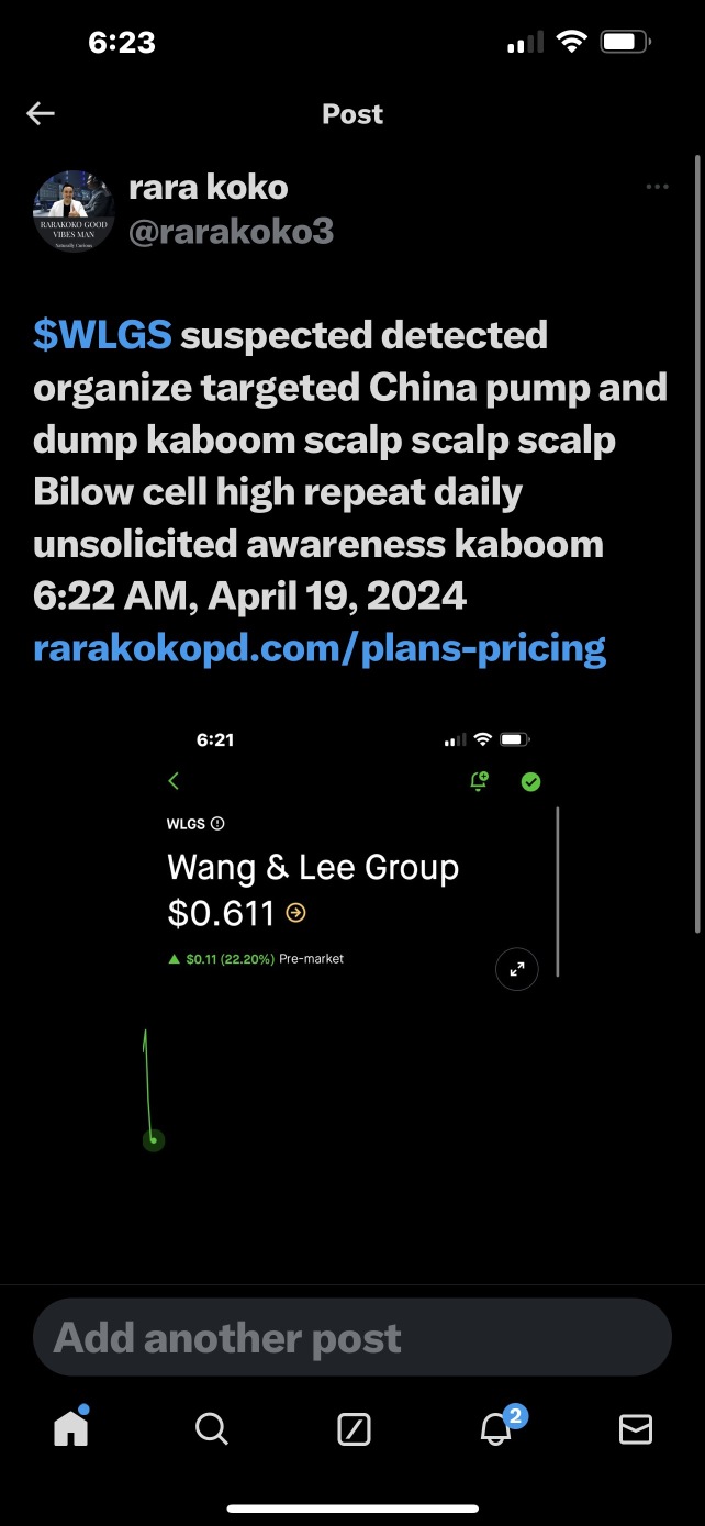 $WLGS suspected detected organize targeted China pump and dump kaboom scalp scalp scalp Bilow cell high repeat daily unsolicited awareness kaboom 6:22 AM, April 19, 2024 rarakokopd.com/plans-pricing