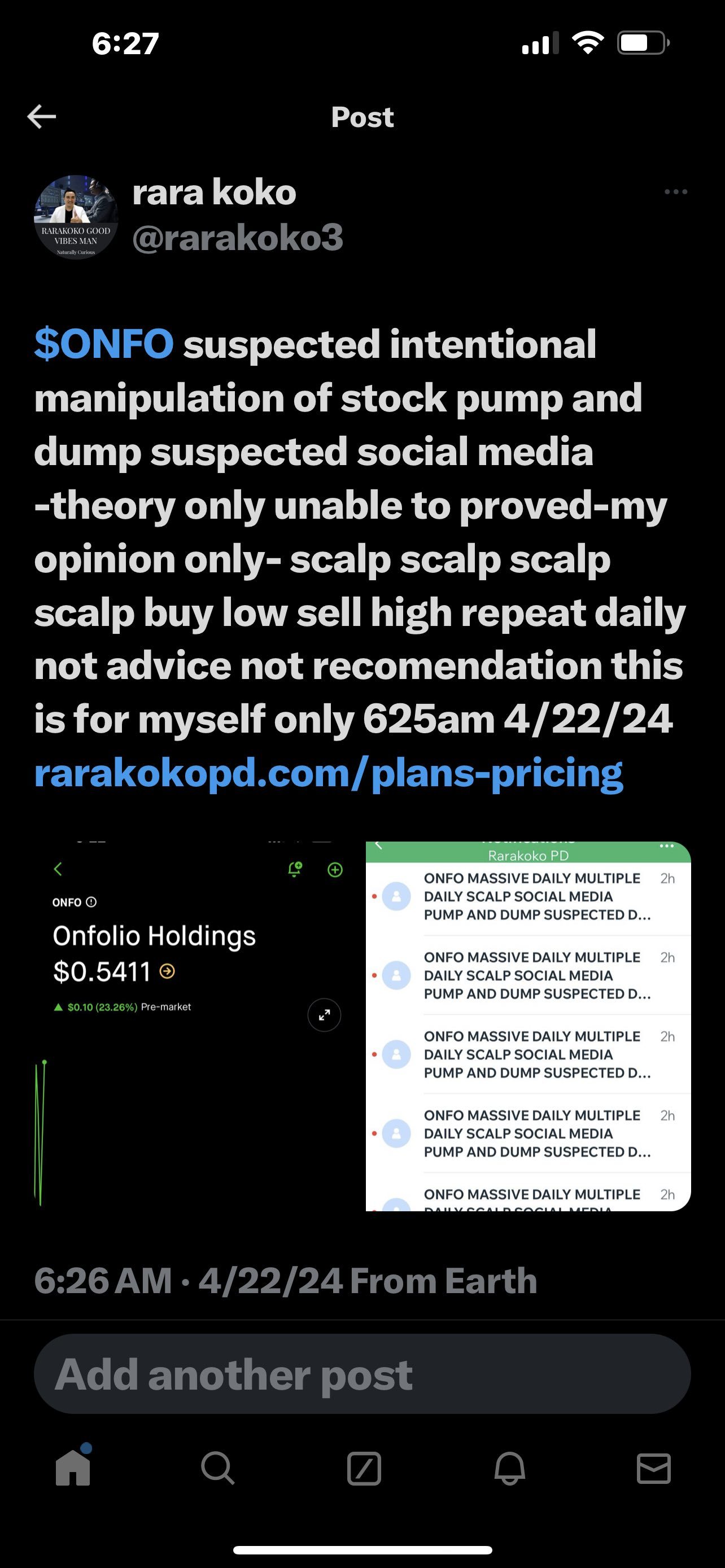 $ONFO suspected intentional manipulation of stock pump and dump suspected social media -theory only unable to proved-my opinion only- scalp scalp scalp scalp bu...
