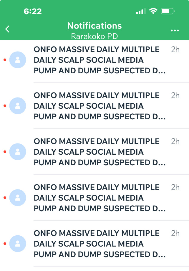 $ONFOは株式ポンプアンドダンプの意図的な操作が疑われ、ソーシャルメディアの操作が疑われています。-理論のみ、証明できず-私の個人的な意見のみです。毎日低く買って高く売ってスキャルピングを繰り返してください。アドバイスではありません。
