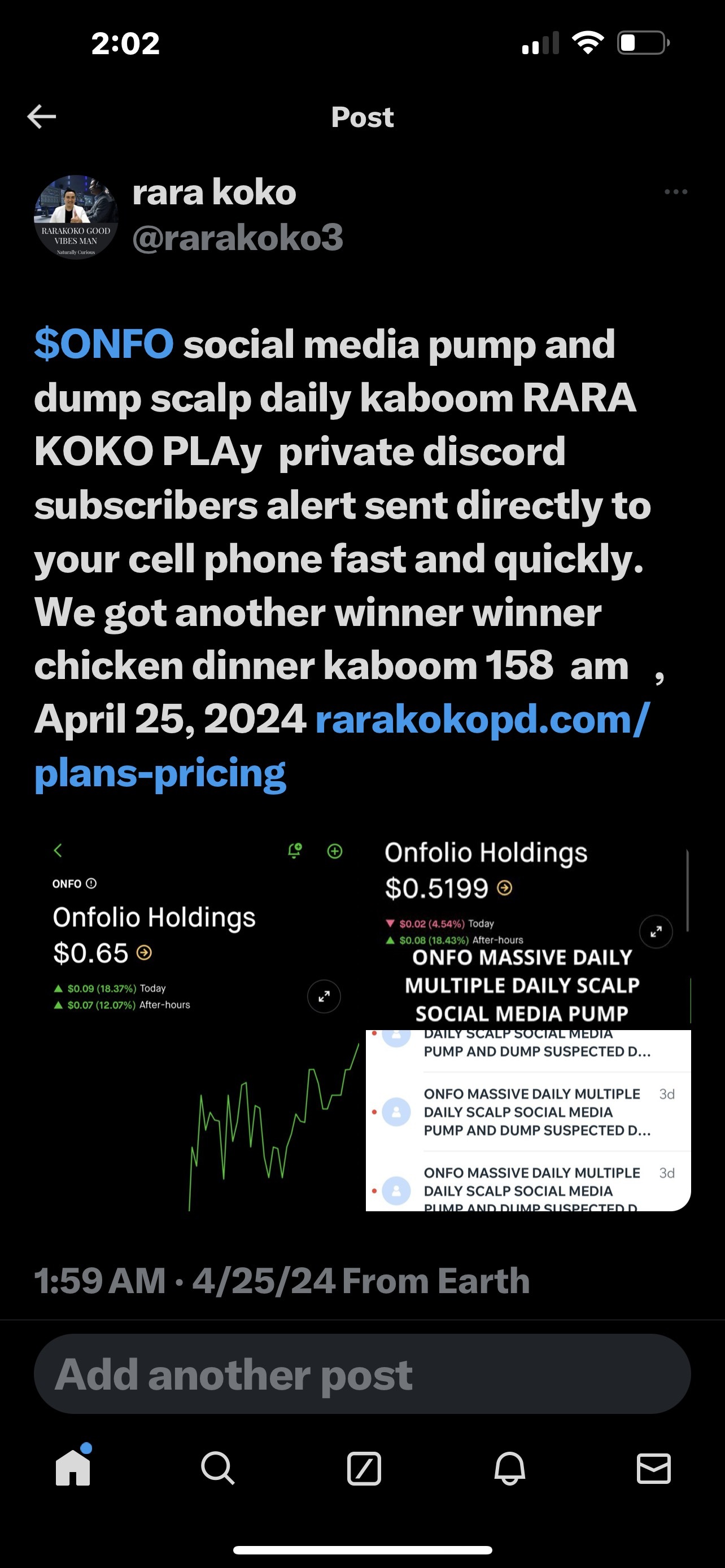 $ONFO social media pump and dump scalp daily kaboom RARA KOKO PLAy  private discord subscribers alert sent directly to your cell phone fast and quickly. We got ...