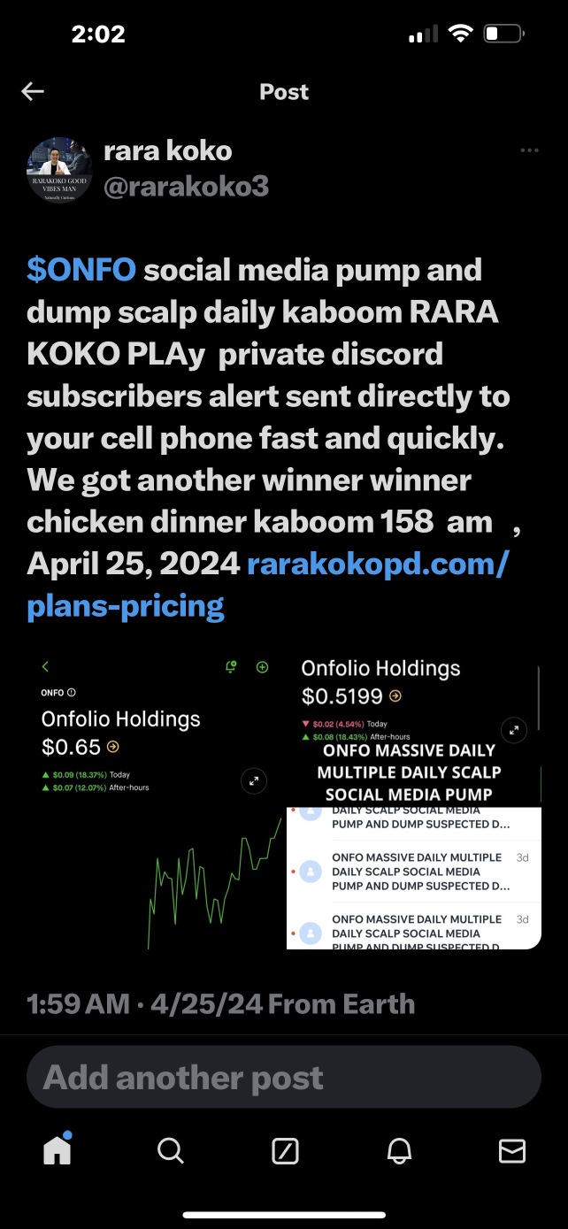 $ONFO social media pump and dump scalp daily kaboom RARA KOKO PLAy  private discord subscribers alert sent directly to your cell phone fast and quickly. We got another winner winner chicken dinner kab