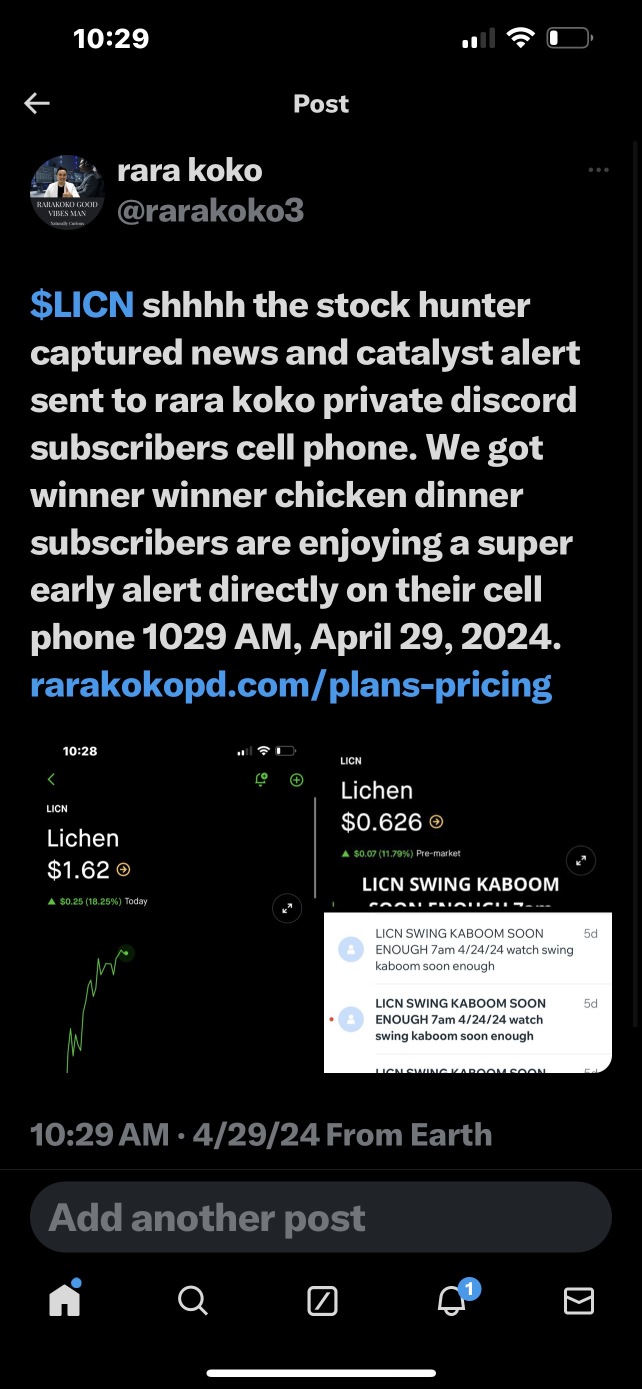 $LICN shhhh the stock hunter captured news and catalyst alert sent to rara koko private discord subscribers cell phone. We got winner winner chicken dinner subscribers are enjoying a super early alert