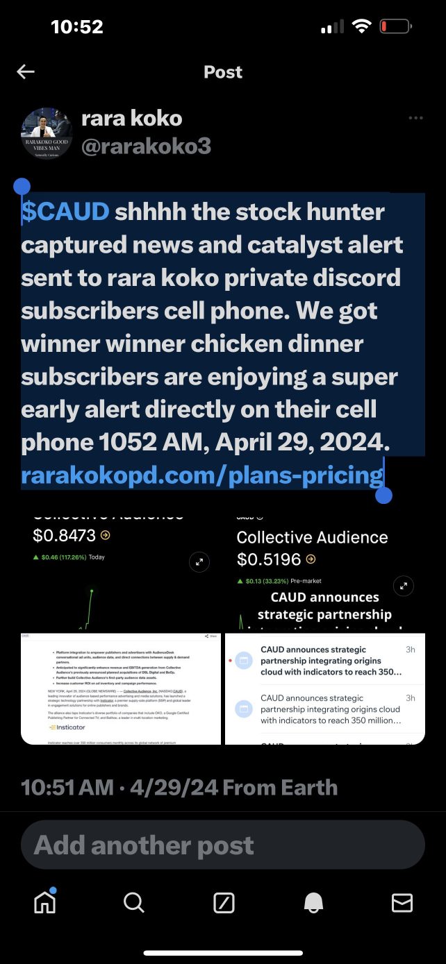 $CAUD shhhh the stock hunter captured news and catalyst alert sent to rara koko private discord subscribers cell phone. We got winner winner chicken dinner subscribers are enjoying a super early alert