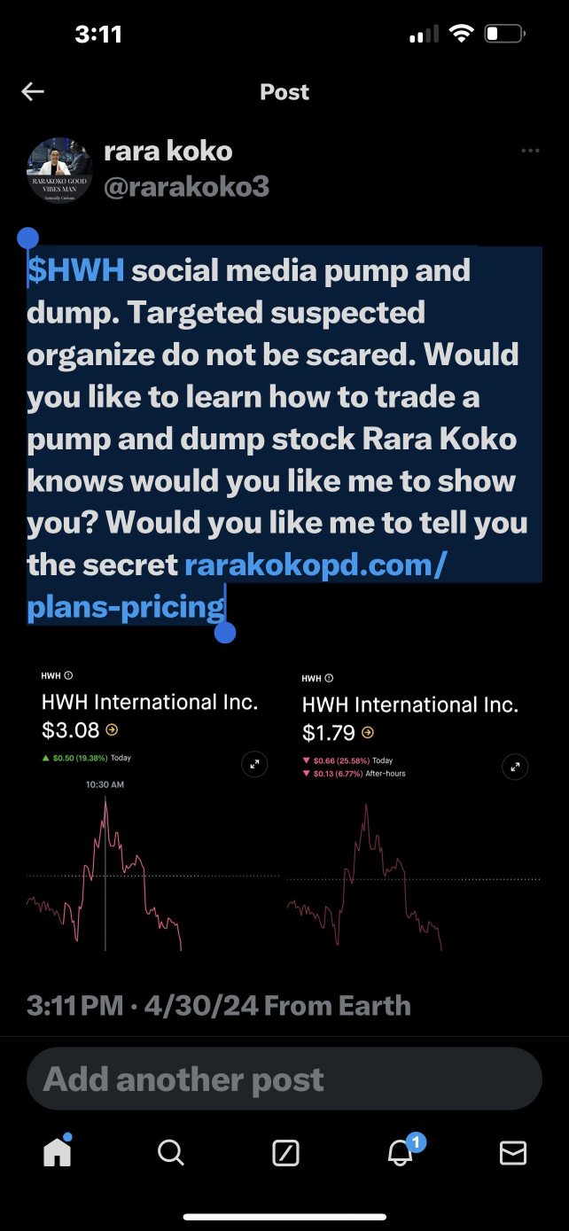 $HWH social media pump and dump. Targeted suspected organize do not be scared. Would you like to learn how to trade a pump and dump stock Rara Koko knows would you like me to show you? Would you like