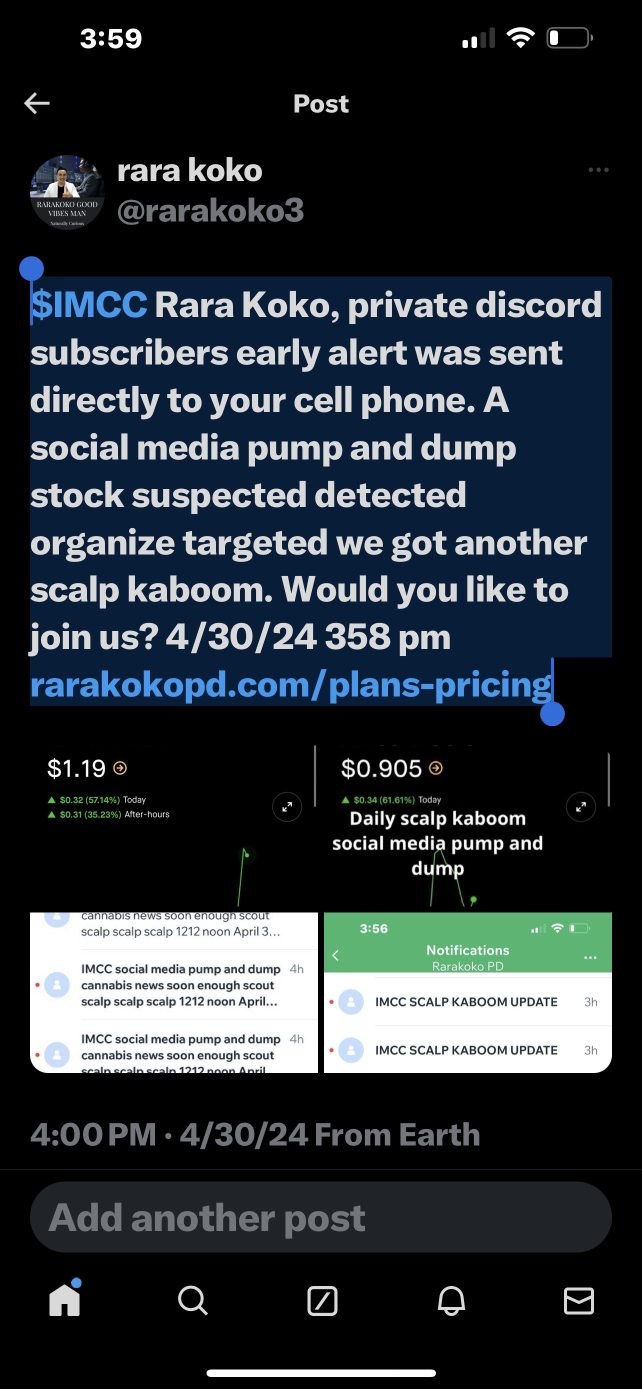 $IMCC Rara Koko, private discord subscribers early alert was sent directly to your cell phone. A social media pump and dump stock suspected detected organize targeted we got another scalp kaboom. Woul