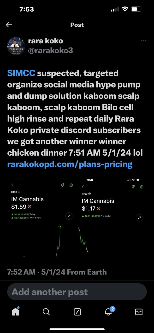 $IMCC suspected, targeted organize social media hype pump and dump solution kaboom scalp kaboom, scalp kaboom Bilo cell high rinse and repeat daily Rara Koko private discord subscribers we got another