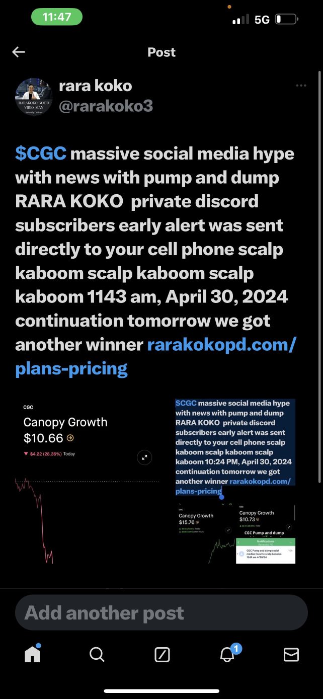 $CGC massive social media hype with news with pump and dump RARA KOKO  private discord subscribers early alert was sent directly to your cell phone scalp kaboom scalp kaboom scalp kaboom 1143 am, Apri