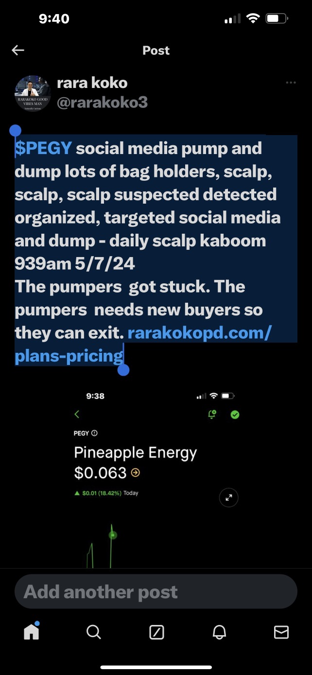 $PEGY social media pump and dump lots of bag holders, scalp, scalp, scalp suspected detected organized, targeted social media and dump - daily scalp kaboom 939am 5/7/24 The pumpers  got stuck. The pum