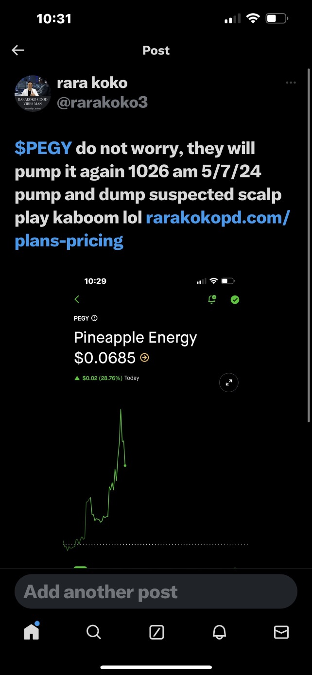 $PEGY do not worry, they will pump it again 1026 am 5/7/24 pump and dump suspected scalp play kaboom lol rarakokopd.com/plans-pricing