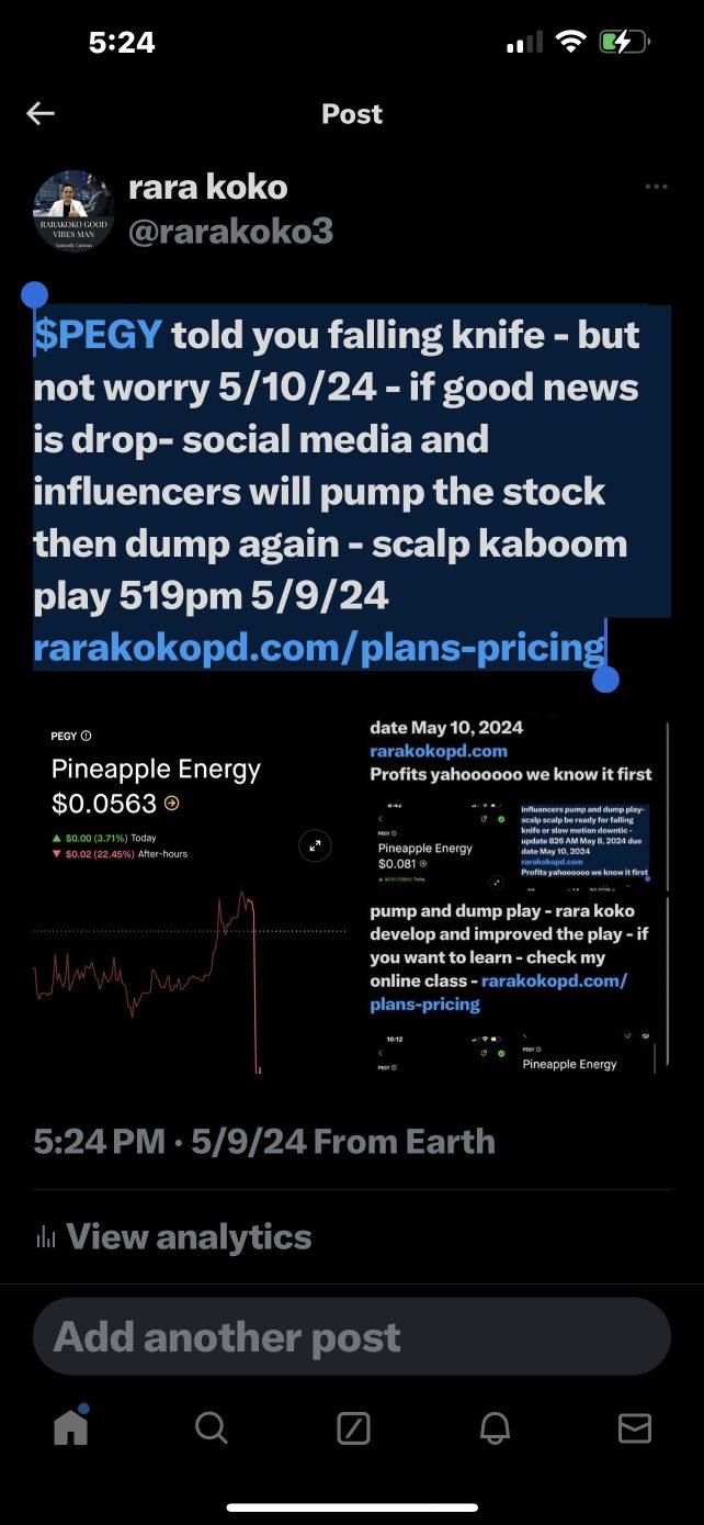 $PEGY told you falling knife - but not worry 5/10/24 - if good news is drop- social media and influencers will pump the stock then dump again - scalp kaboom play 519pm 5/9/24 rarakokopd.com/plans-pric