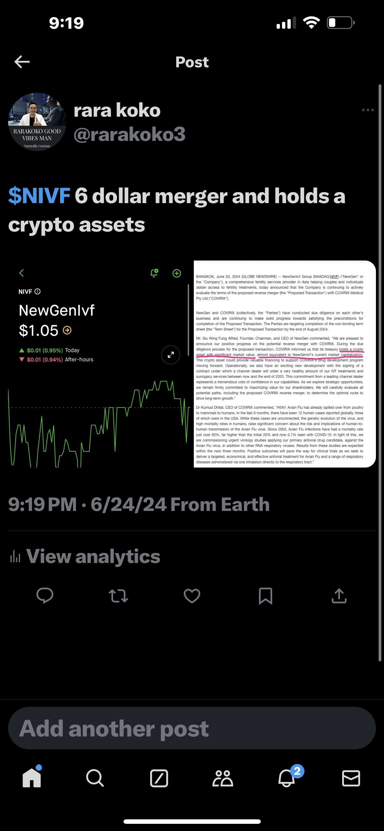 Nivf$NIVF 6 dollar merger and holds a crypto assets - moomoo Community