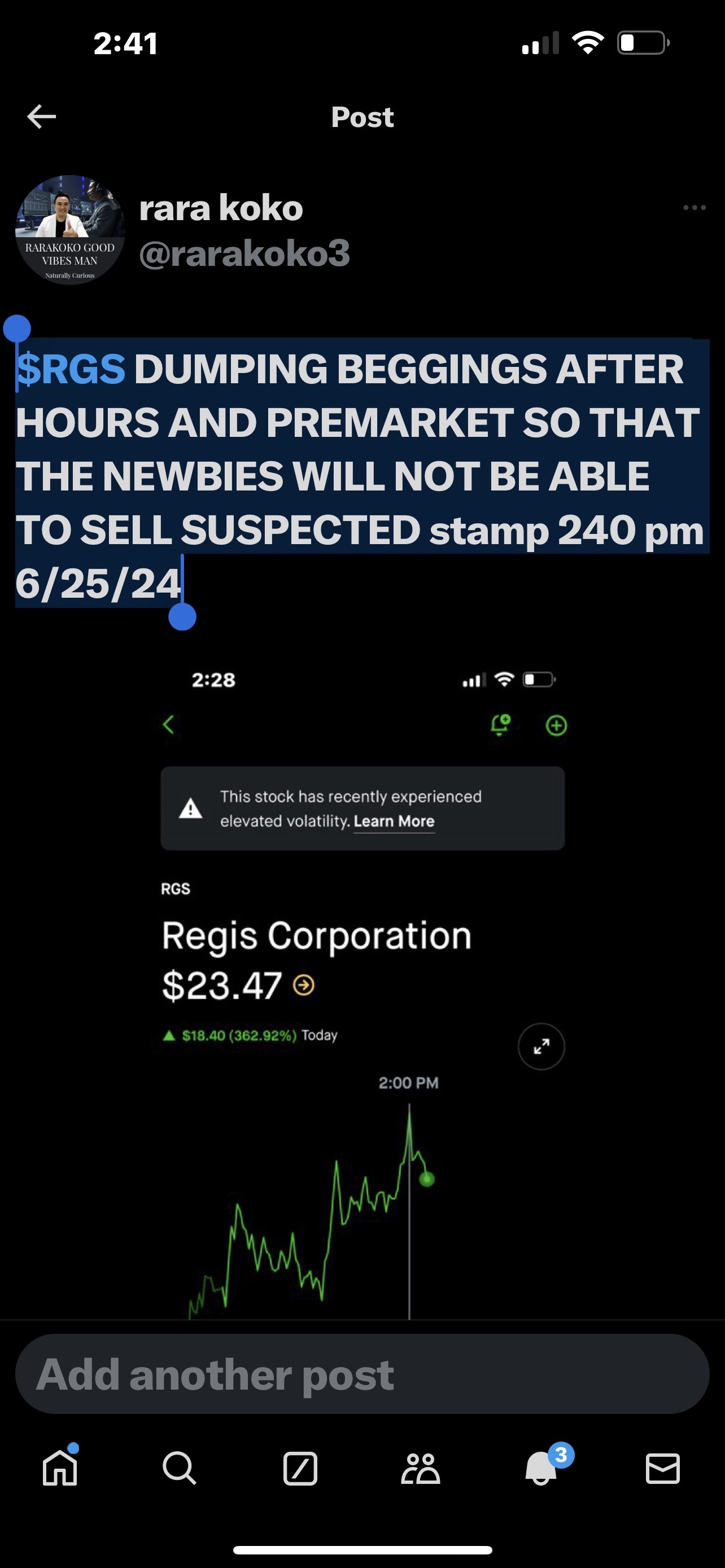 $RGS DUMPING BEGGINGS AFTER HOURS AND PREMARKET SO THAT THE NEWBIES WILL NOT BE ABLE TO SELL SUSPECTED stamp 240 pm 6/25/24
