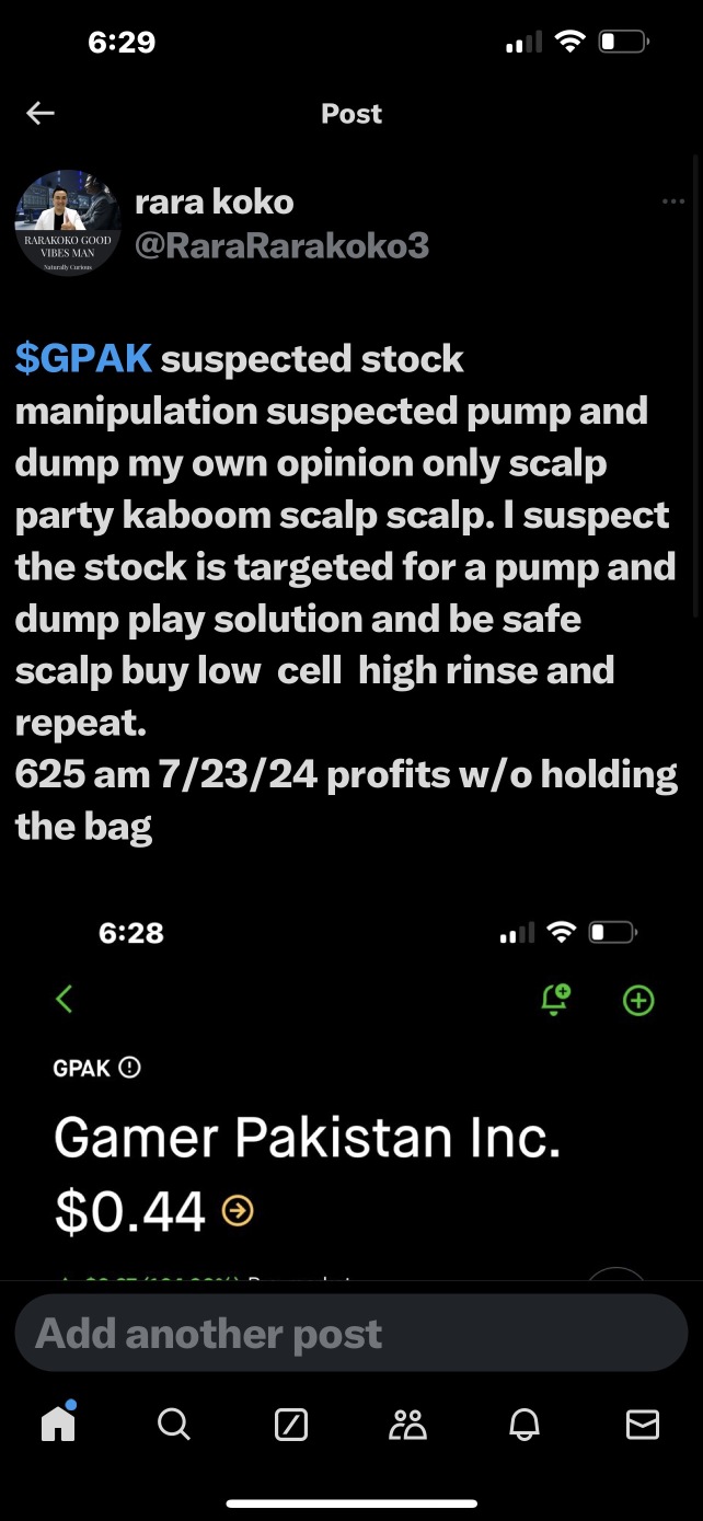 $GPAK suspected stock manipulation suspected pump and dump my own opinion only scalp party kaboom scalp scalp. I suspect the stock is targeted for a pump and dump play solution and be safe scalp buy l