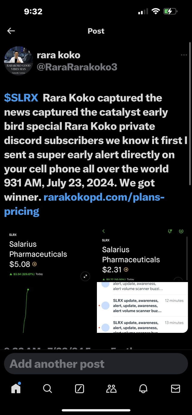 $SLRX  Rara Koko captured the news captured the catalyst early bird special Rara Koko private discord subscribers we know it first I sent a super early alert directly on your cell phone all over the w