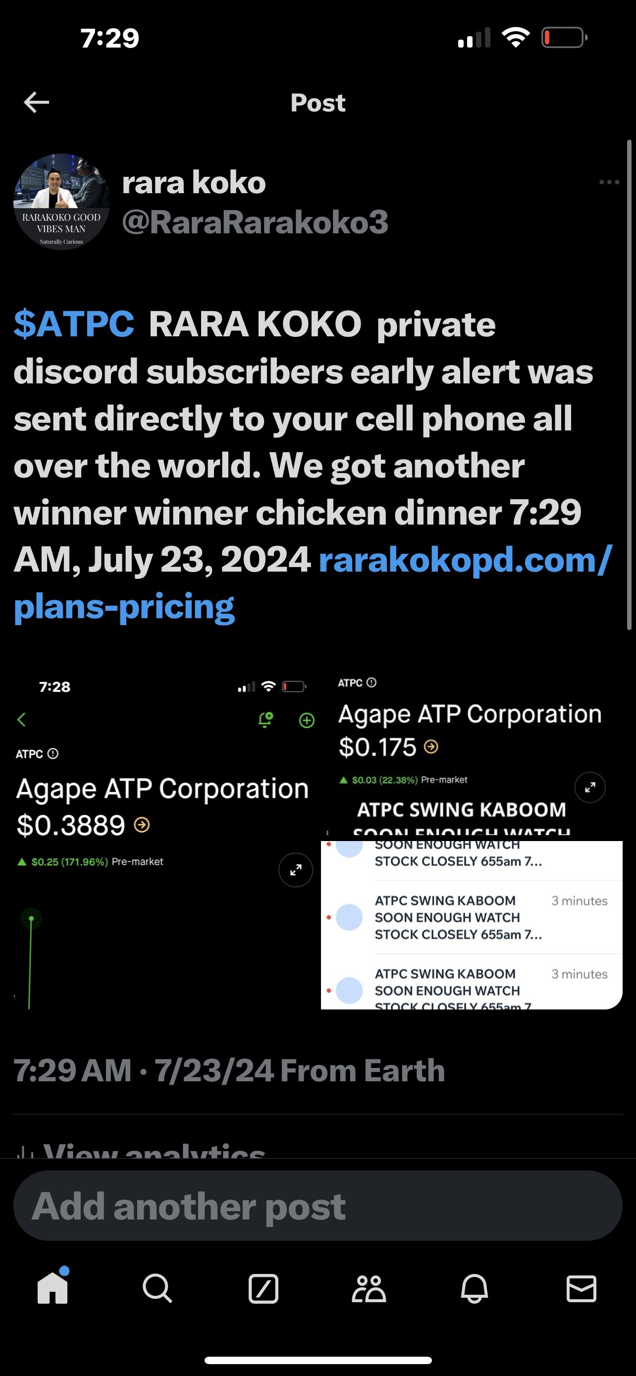 $ATPC  RARA KOKO  private discord subscribers early alert was sent directly to your cell phone all over the world. We got another winner winner chicken dinner 7...