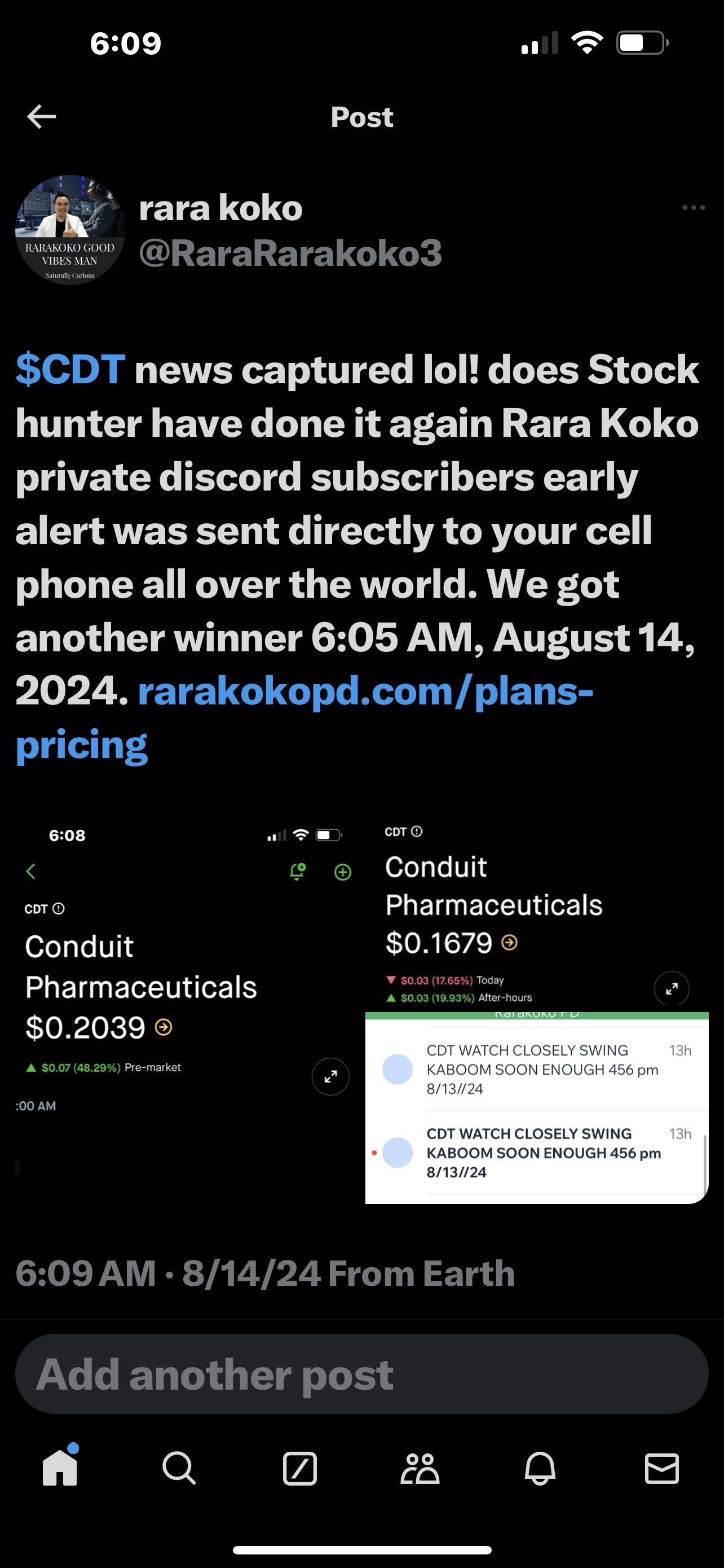 $CDT news captured lol! does Stock hunter have done it again Rara Koko private discord subscribers early alert was sent directly to your cell phone all over the...