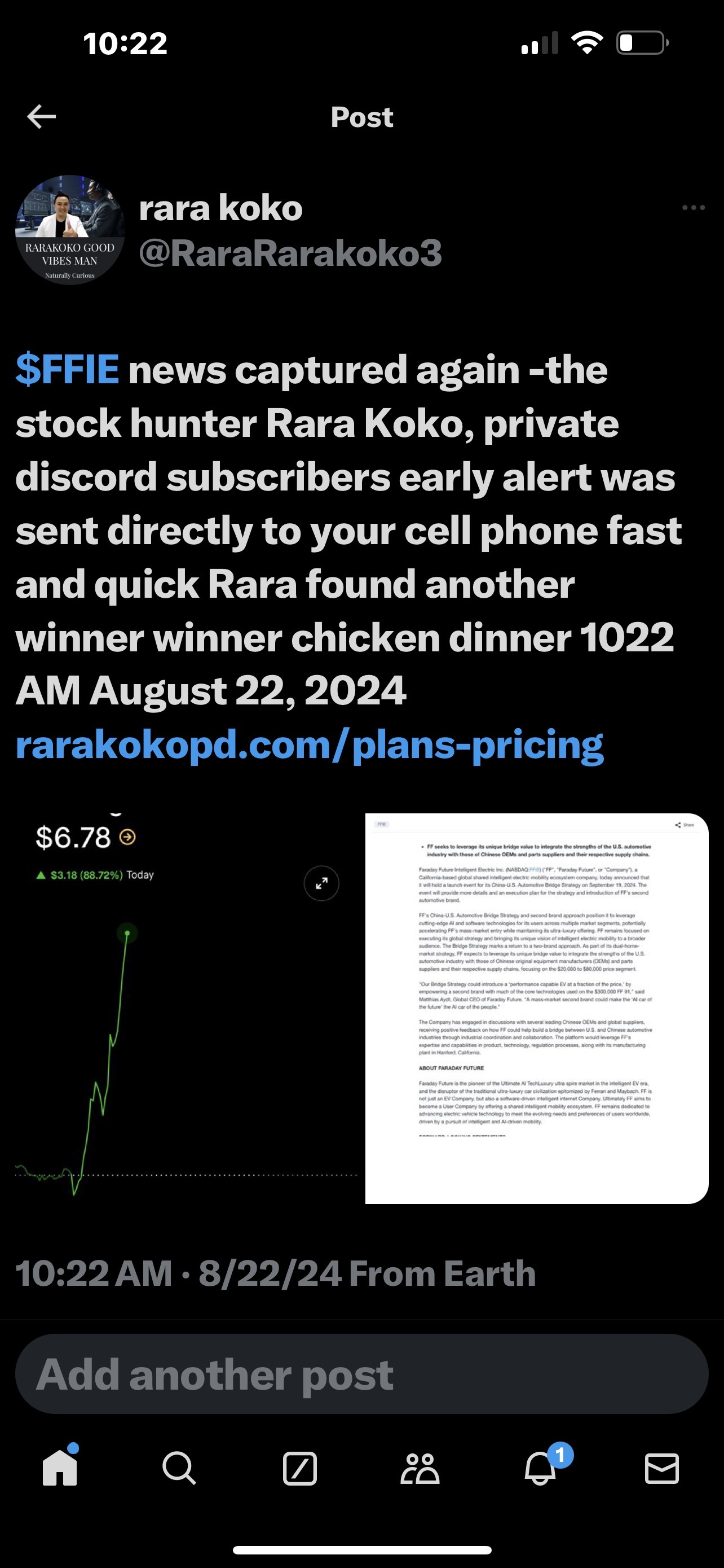 $FFIE news captured again -the stock hunter Rara Koko, private discord subscribers early alert was sent directly to your cell phone fast and quick Rara found an...