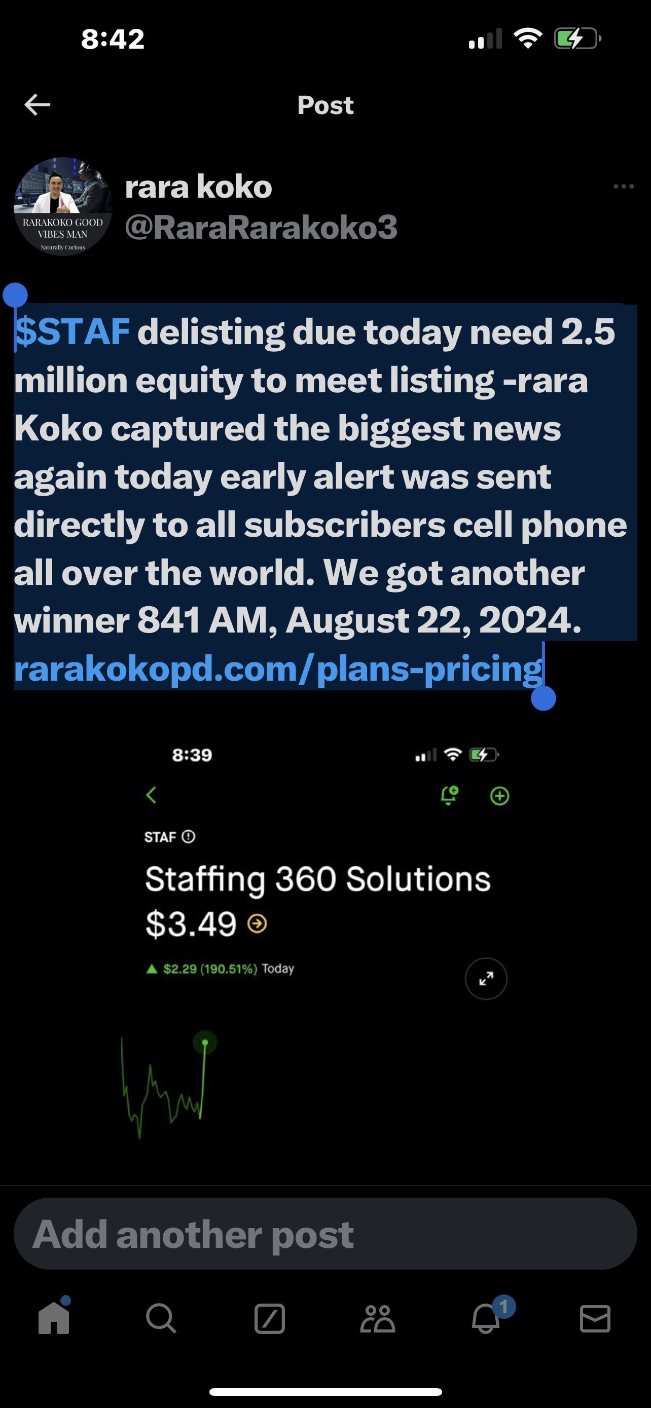 $STAF delisting due today need 2.5 million equity to meet listing -rara Koko captured the biggest news again today early alert was sent directly to all subscrib...