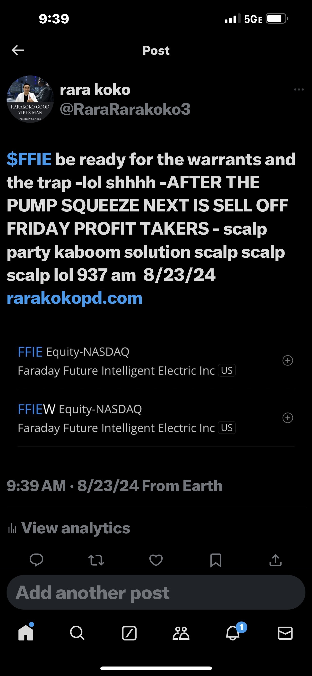 $FFIE be ready for the warrants and the trap -lol shhhh -AFTER THE PUMP SQUEEZE NEXT IS SELL OFF FRIDAY PROFIT TAKERS - scalp party kaboom solution scalp scalp ...