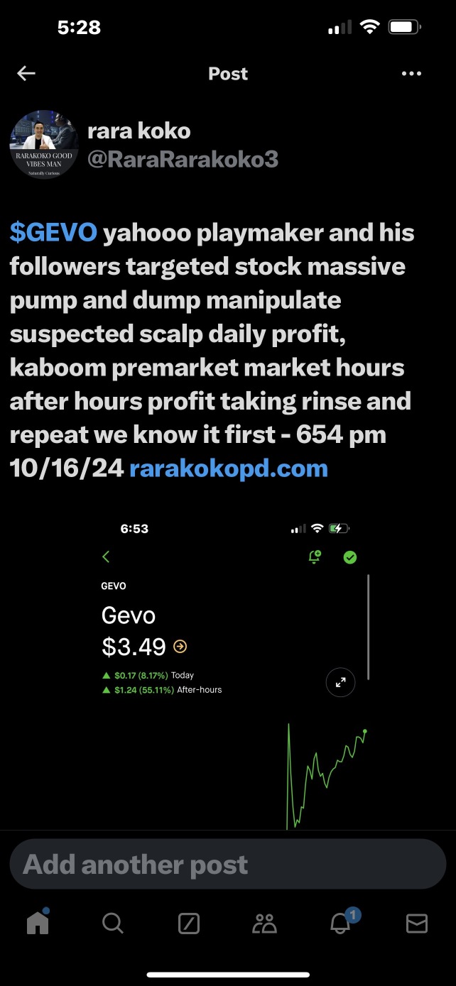 $GEVO massive 229,000,000 million float playmaker and his followers targeted stock massive pump and dump manipulate suspected scalp daily profit, kaboom premarket market hours after hours profit takin