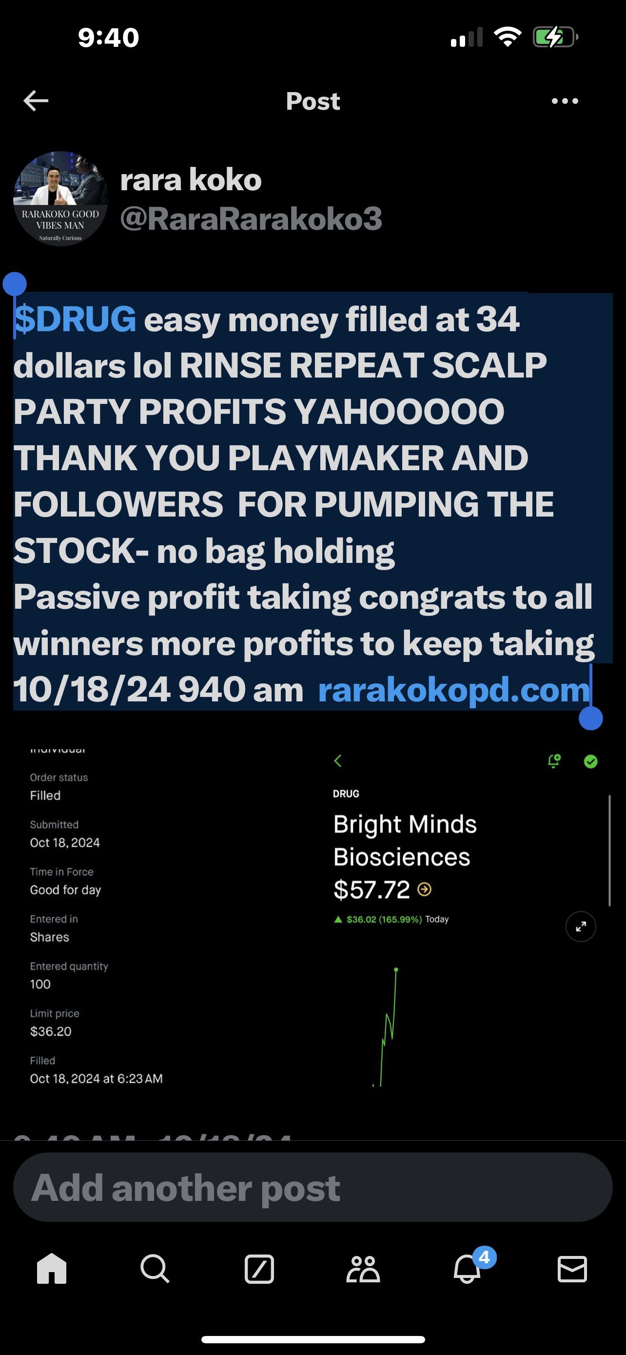 $DRUGで簡単な利益が34ドルで達成されました。笑 RINSE REPEAt SCALP PARTY PROFITS YAHOOOOO THANk YOU PLAYMAKER AND FOLLOWERS  FOR PUMPING THE STOCk- 所持株の袋なし パッシブな利益確定。すべての勝者におめでとうござい...