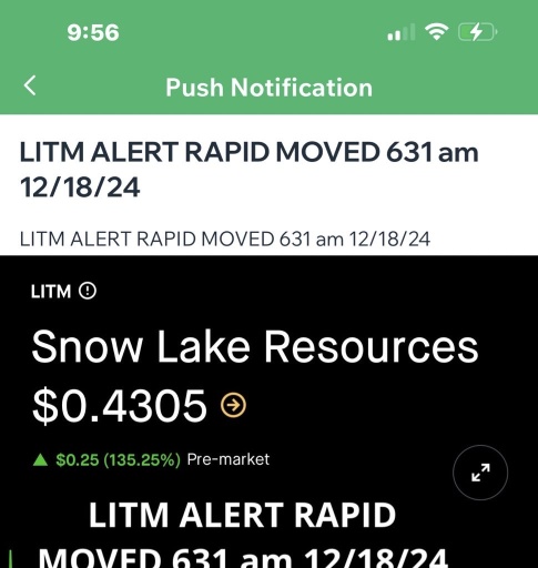 $LITm   Rara，这位股票猎手再次做到了，早期警报直接发送给全球各地的订阅用户的手机，速度快如闪电。我们又获得了另一位赢家赢家吃鸡晚餐 2024年12月18日 802上午