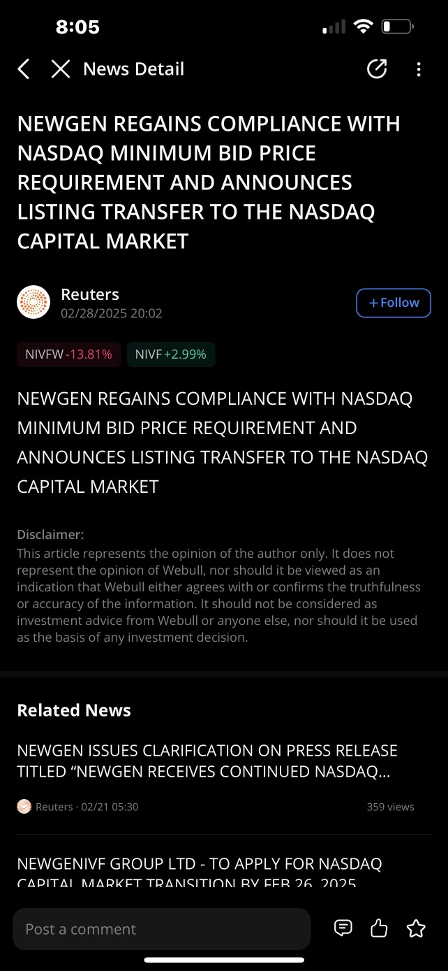 $NIVF NEWGEN 恢复符合纳斯达克最低买盘价格要求，并宣布上市转移至纳斯达克资本市场