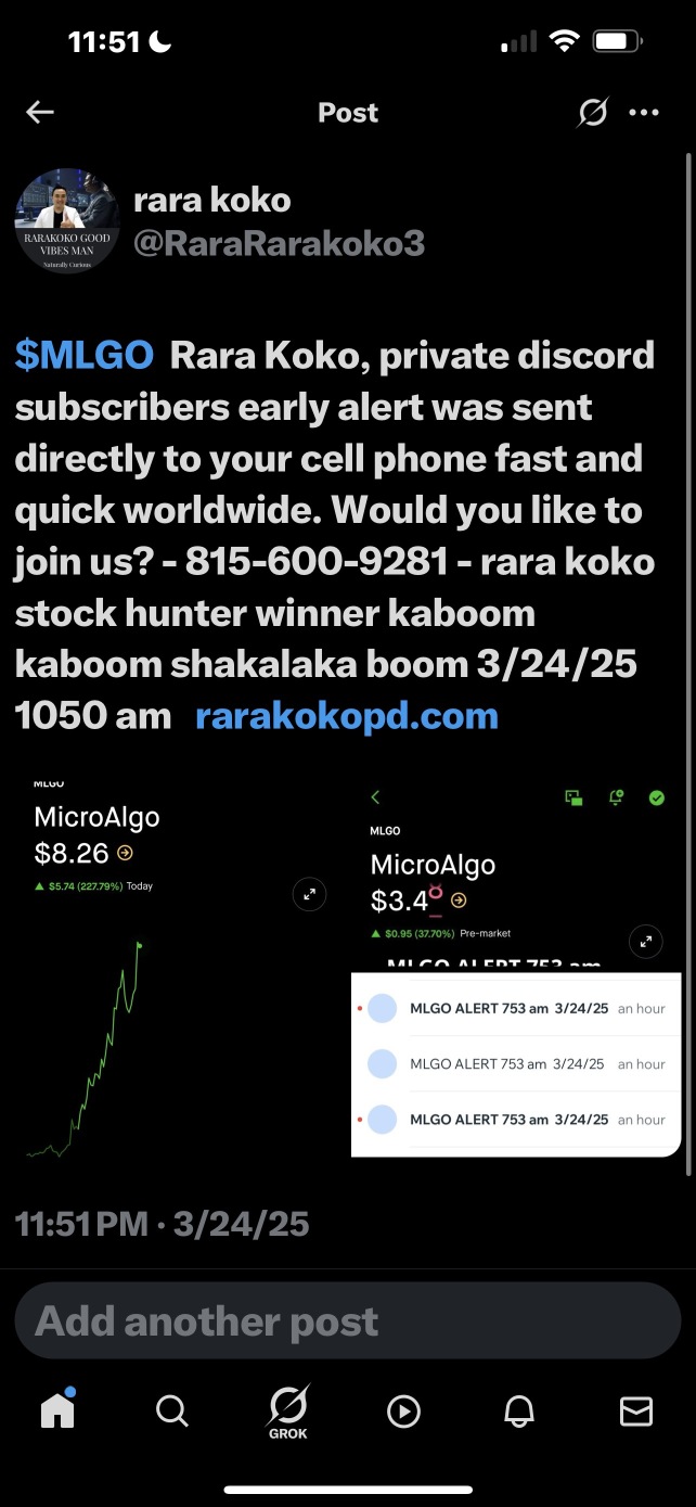 $MLGO  Rara Koko，私人 Discord 订阅用户数的早期警报已快速直接发送到您的电芯上，遍及全球。您想加入我们吗？ - 815-600-9281 - rara koko 股票猎人赢家 kabo