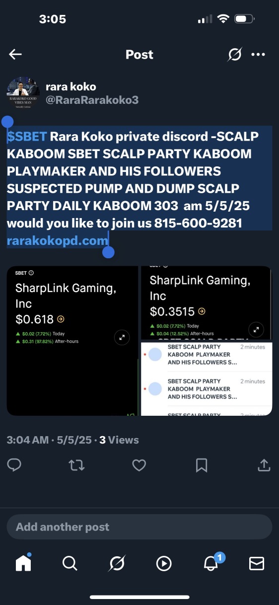 $SBET Rara Koko private discord -SCALP KABOOM SBET SCALP PARTY KABOOM PLAYMAKER AND HIS FOLLOWERS SUSPECTED PUMP AND DUMP SCALP PARTY DAILY KABOOM 303 am 5/5/25 would you like to join us 815-600-92