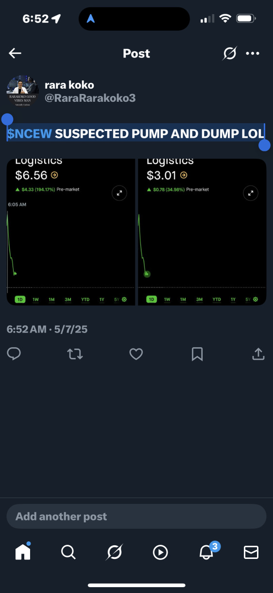 > $NCEW SUSPECTED PUMP AND DUMP LOL scalp party kaboom lol suspected