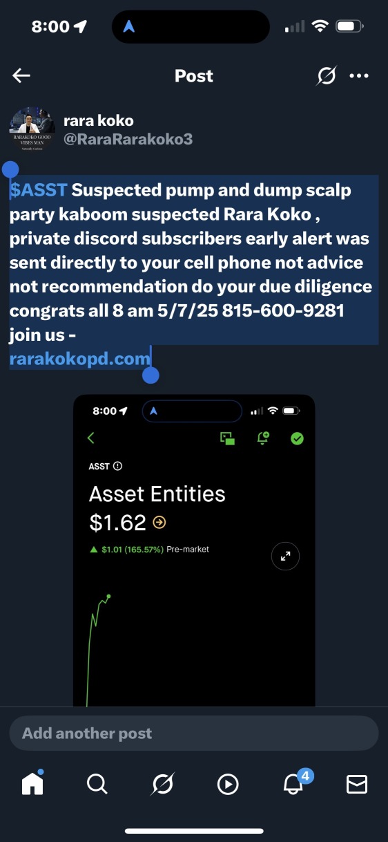 $ASST Suspected pump and dump scalp party kaboom suspected Rara Koko , private discord subscribers early alert was sent directly to your cell phone not advice not recommendation do your due diligence