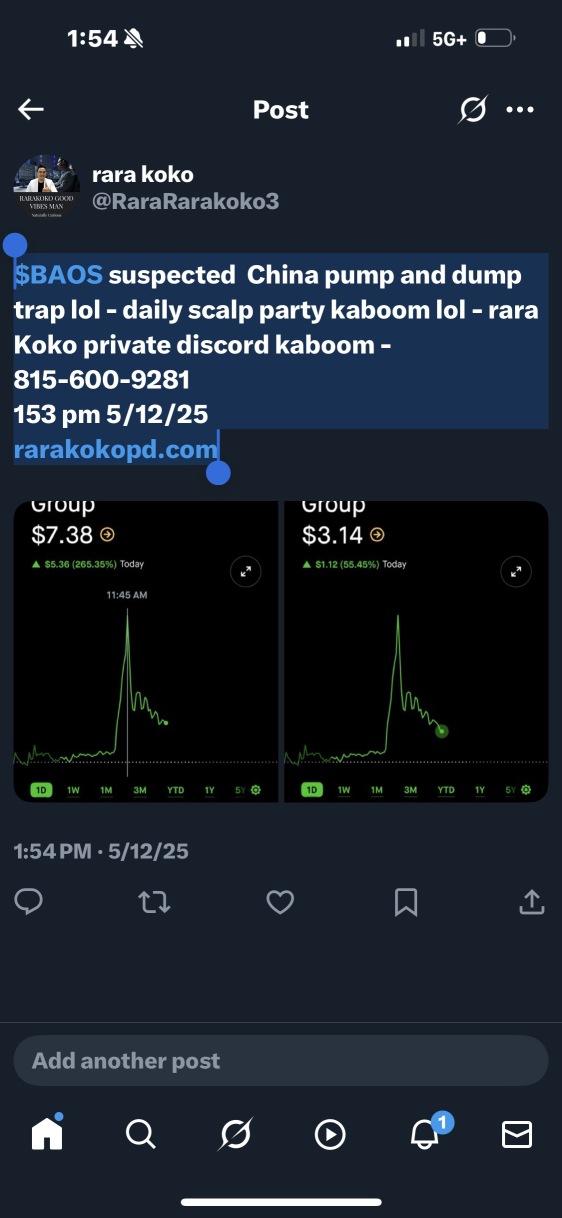$BAOS suspected China pump and dump trap lol - daily scalp party kaboom lol - rara Koko private discord kaboom - 815-600-9281 153 pm 5/12/25rarakokopd.com