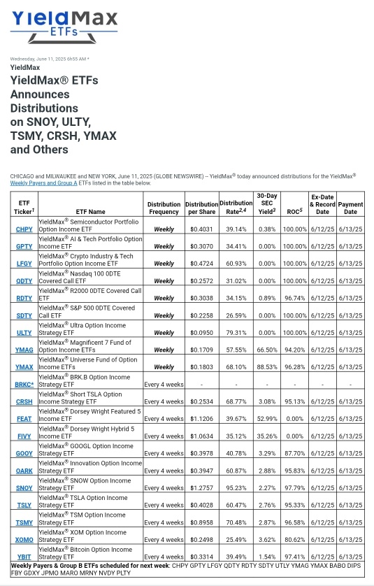 YieldMax ETFs dividends announcement for week 24