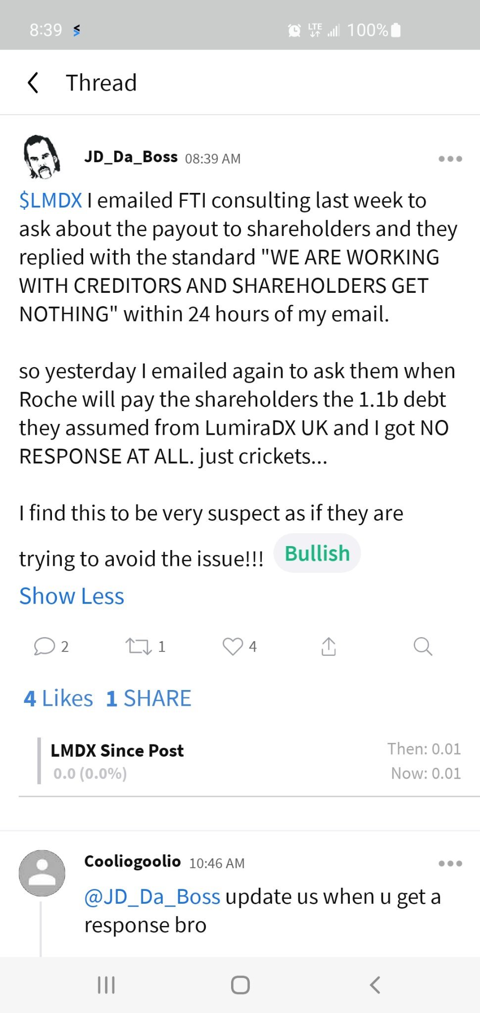 $LumiraDx (LMDXF.US)$ 有人再次向FTI發送電子郵件，關於訂閱轉讓1002股價值十億的股東所欠的十一億。