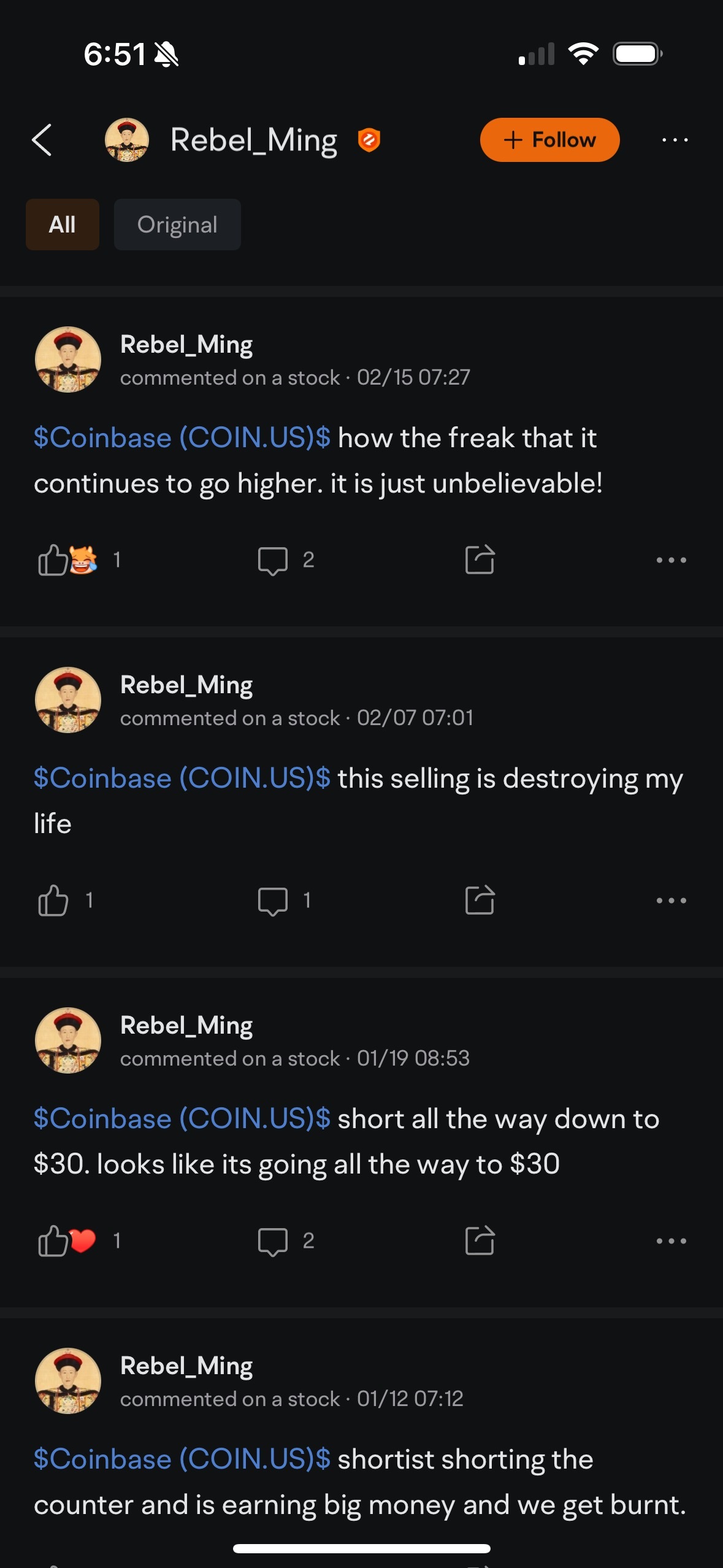 Rebel_MingはCOINを空売りしてお金を失いました、笑