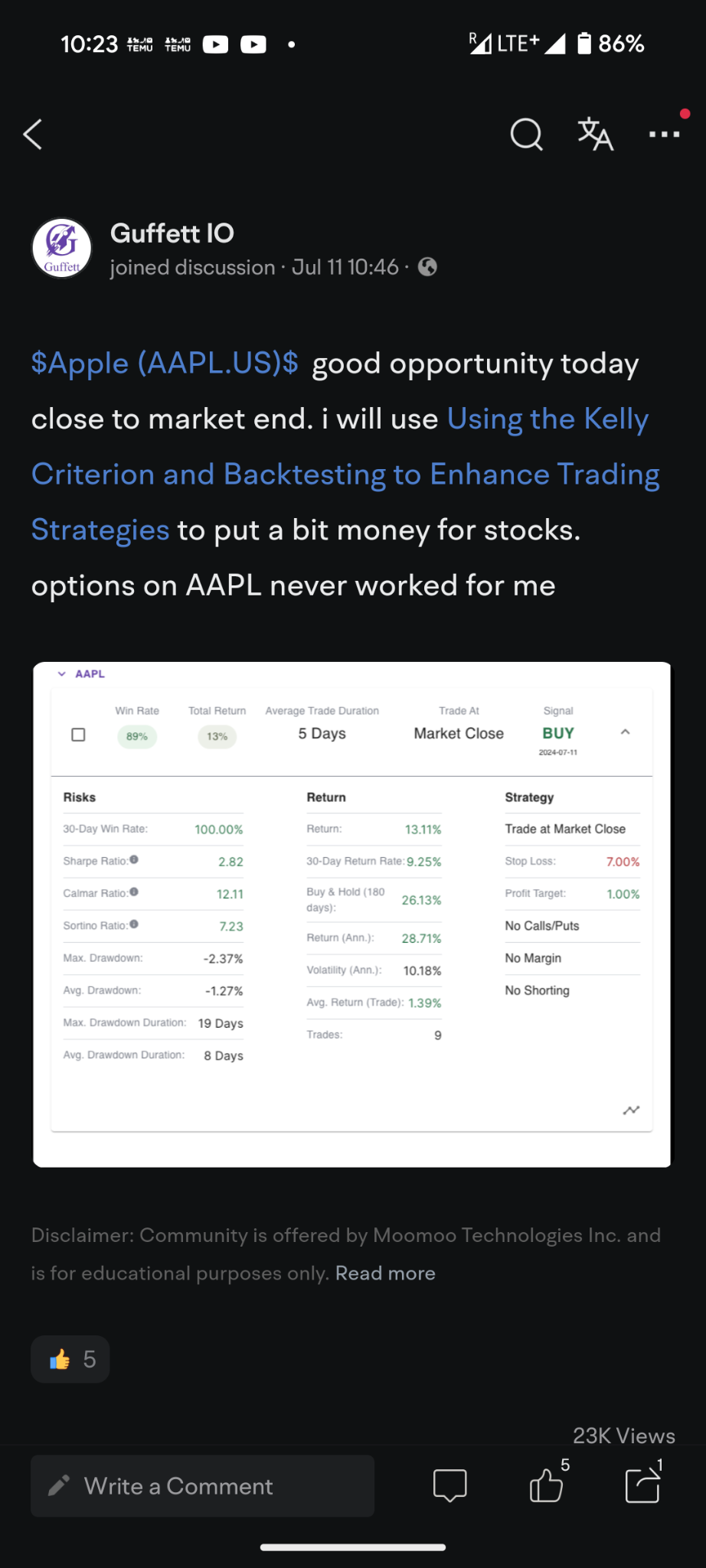 $Apple (AAPL.US)$ bout yesterday and even the tool is not saying sell yet, I am exiting