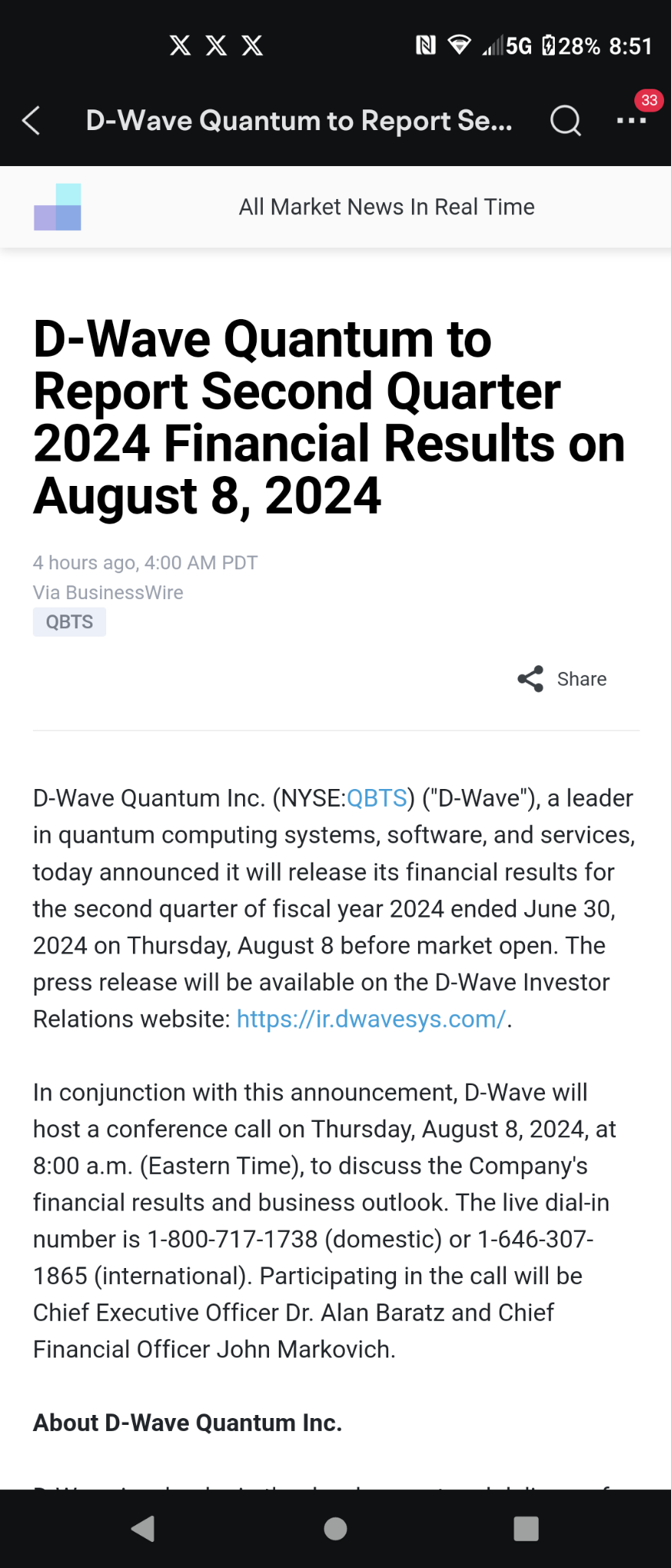 $D ウェイブ クオンタム (QBTS.US)$ D-Wave Quantumは2024年8月8日に第2四半期の財務結果を報告します。 4時間前、AM 4:00 PDT ビジネスワイヤ QBTS