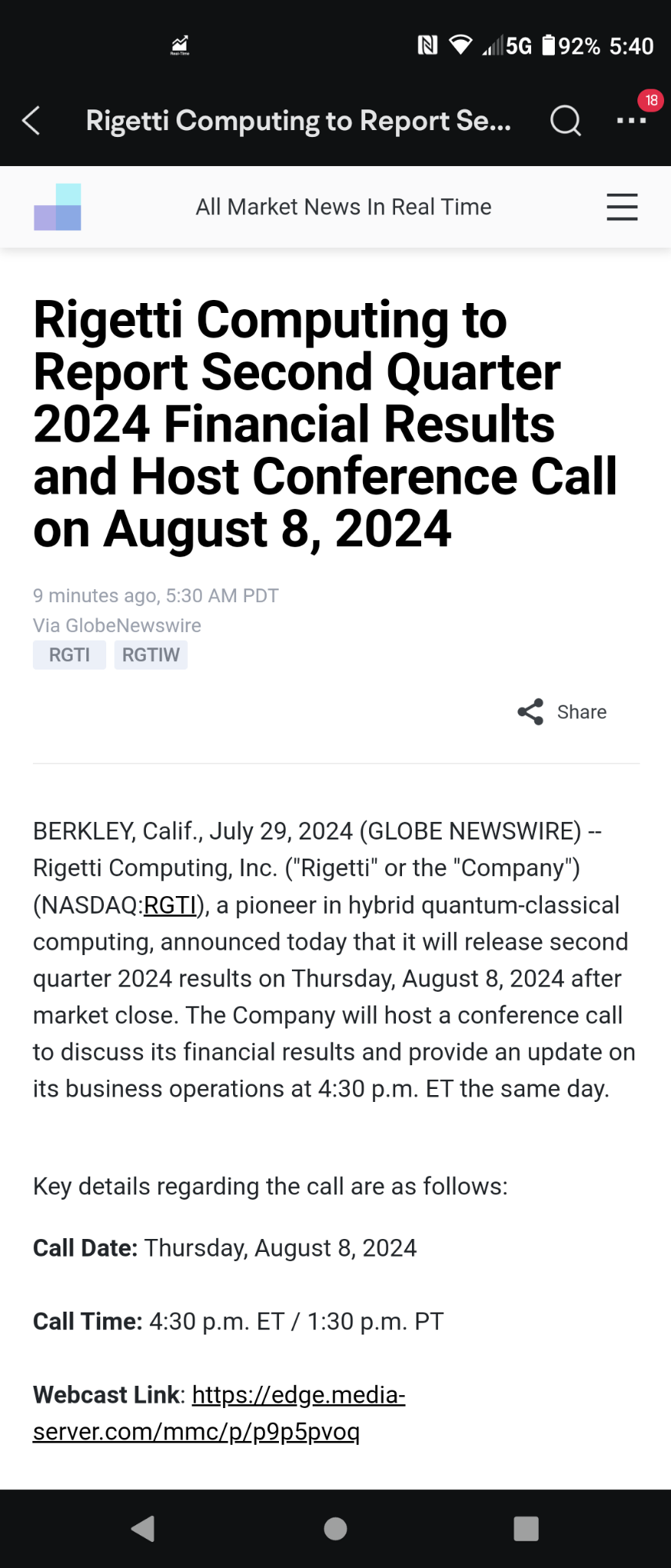 $Rigetti Computing (RGTI.US)$ 瑞吉蒂電腦將於 2024 年 8 月 8 日報告 2024 年第二季財務業績，並於 2024 年 8 月 8 日舉行電話會議