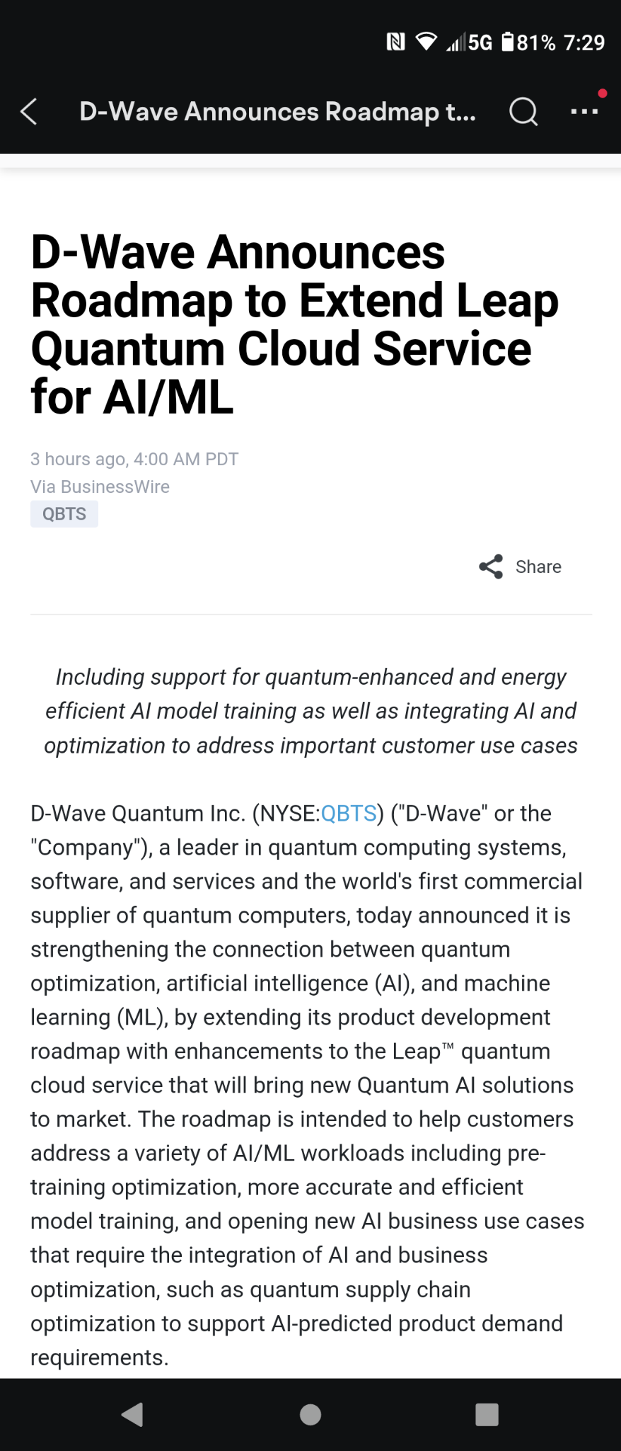 $D-Wave Quantum (QBTS.US)$ D-Wave 宣布擴展 Leap 量子雲服務的人工智慧/機器學習路線圖