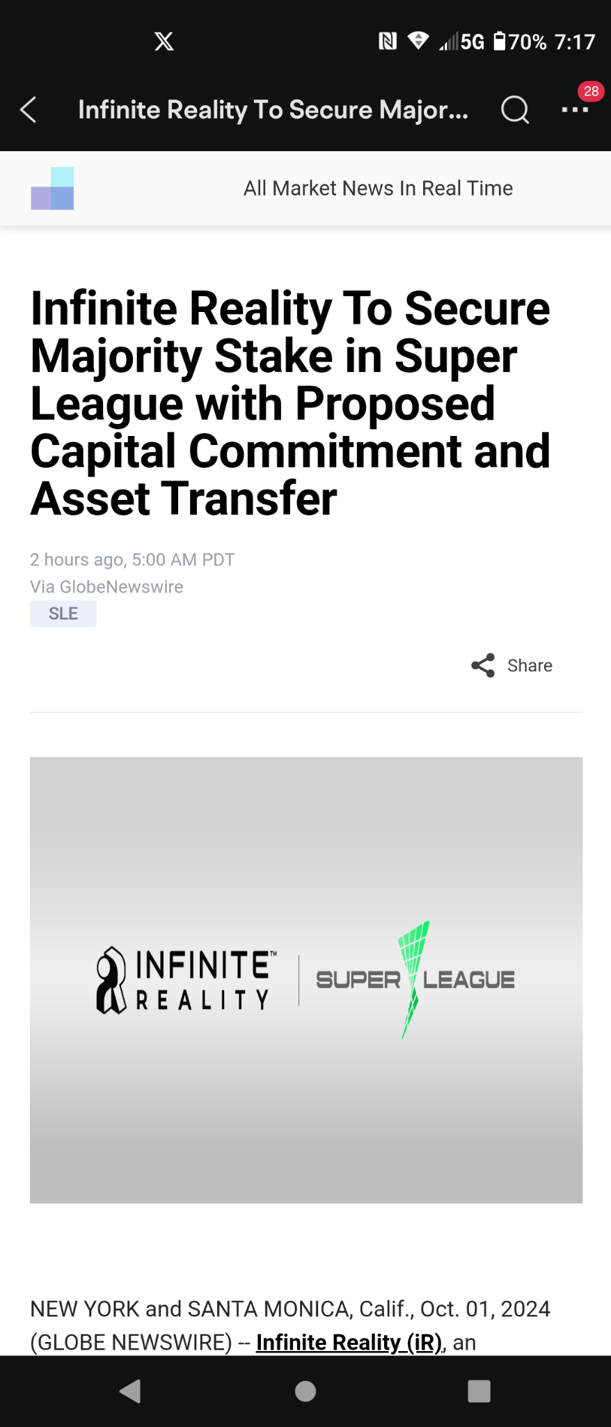 $Super League Enterprise (SLE.US)$ Infinite Reality將透過提議的資本承諾和資產轉移，確保Super League的控股權