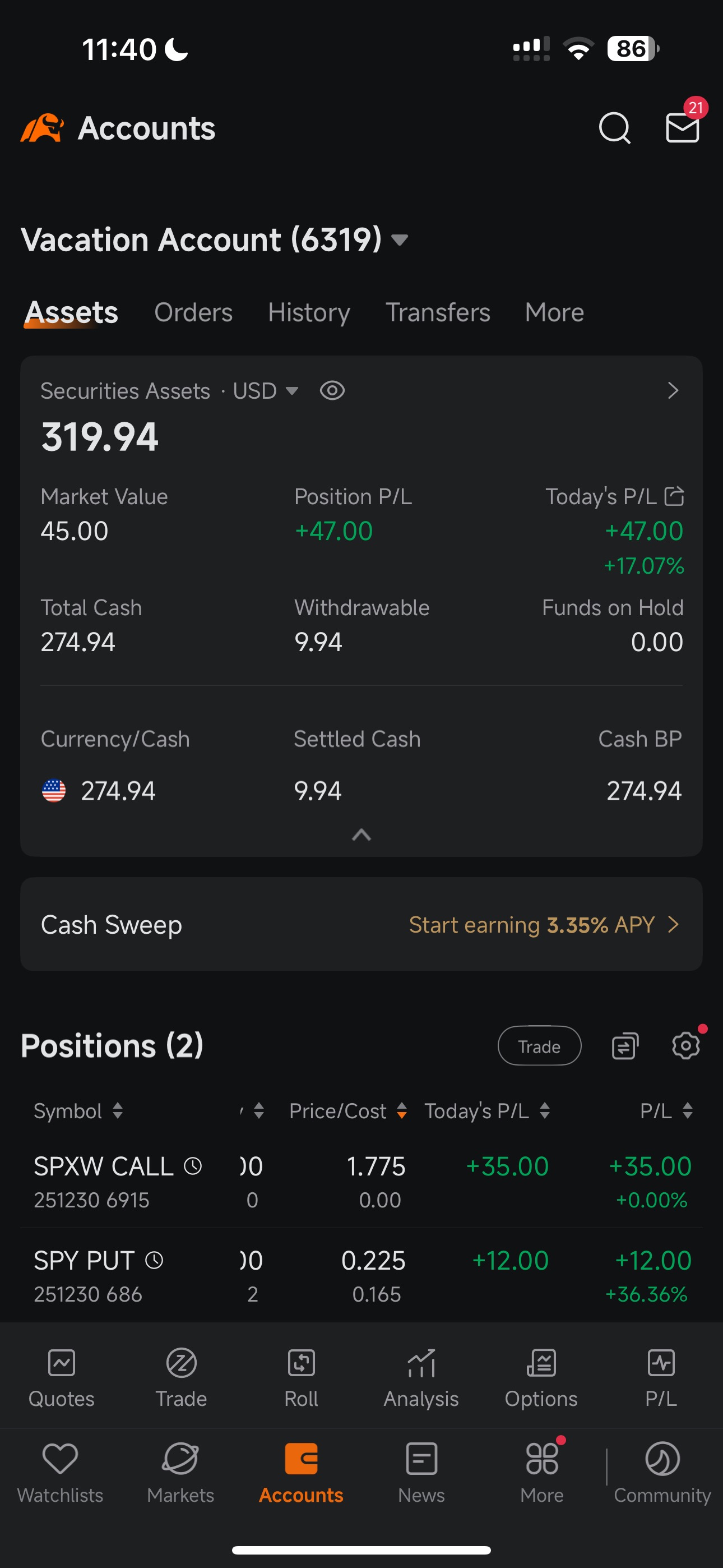 100ドルから1万ドルを目指す5日目（現在310ドル）、損失ゼロで400％の利益を達成 - moomooコミュニティ
