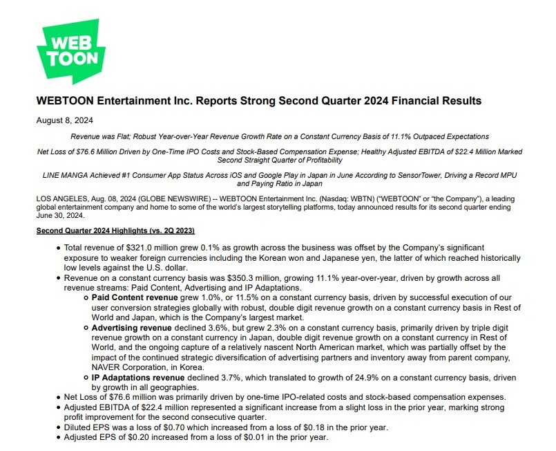 WEBTOON Entertainment Inc. Reports Strong Second Quarter 2024 Financial Results