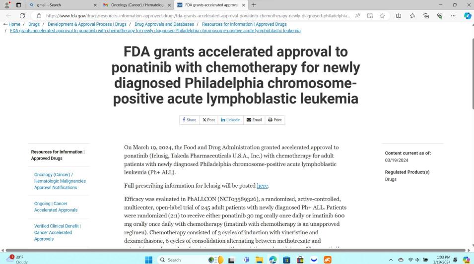タケダファーマシューティカルズは、血液がんのサブタイプでIclusigの適応拡大をFDA承認を受けました。